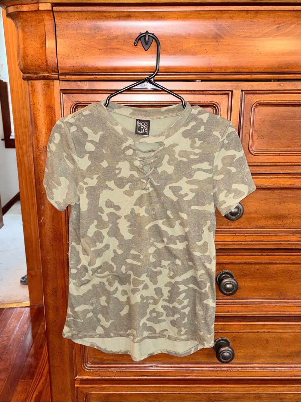 Modern Lux XS Camo Lace Up V Neck Short Sleeve T Shirt Top